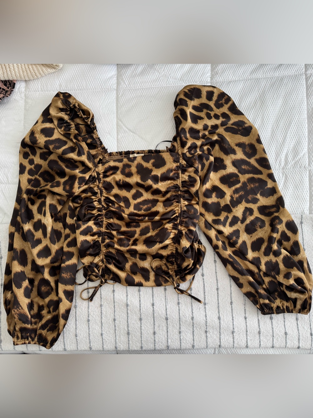 Satin-Like Leopard Print Ruched Puff Sleeve Top- Brown
